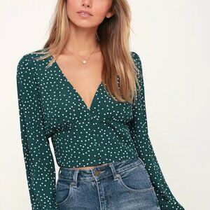 Lulus Women's Love Always Forest Green Polka Dot Long Sleeve Crop Top Size M